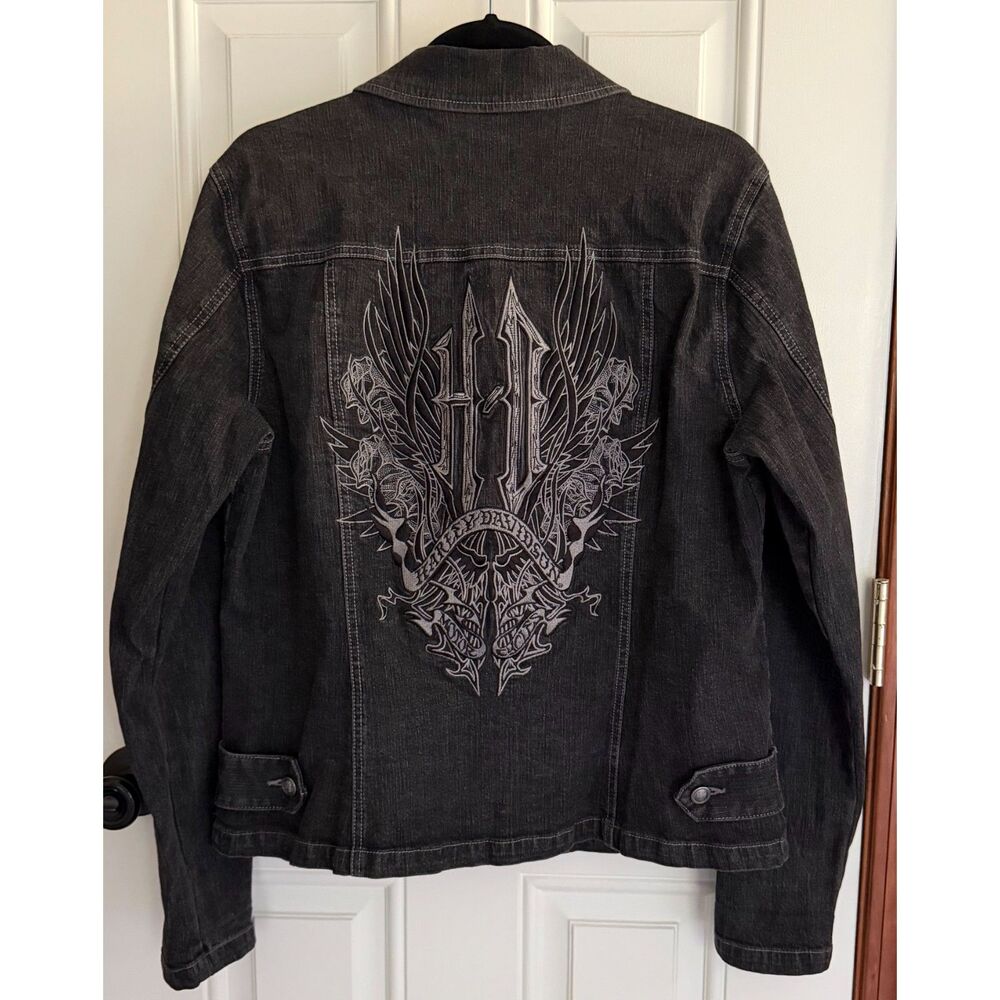 Harley Davidson Women's Black Denim Jacket Size XL Y2K Biker 96406-08VW